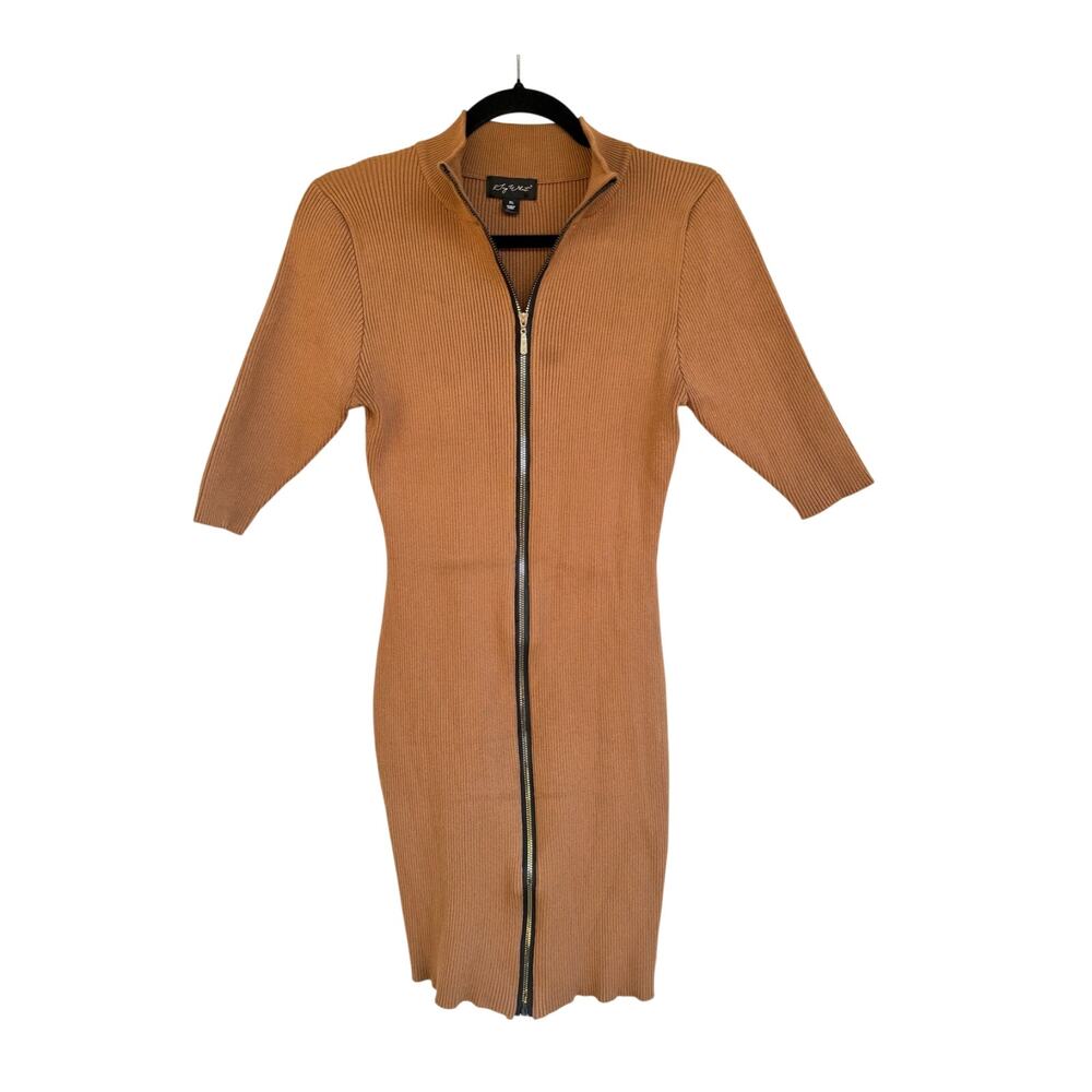 Say What? Women's Brown Full Zip Mock Neck Ribbed Knit Bodycon Dress XL
